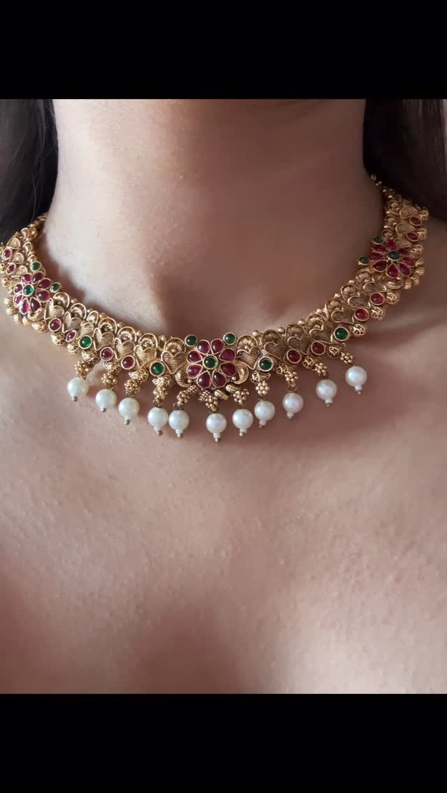 Gold-toned brass moti choker necklace set