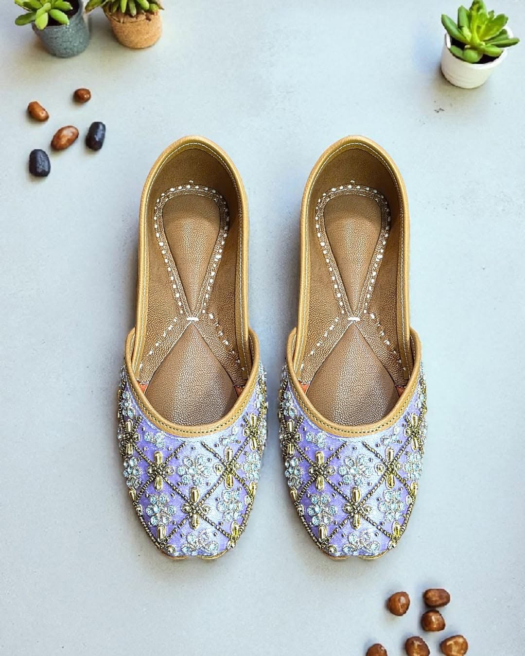 Handcrafted lavender leather jutti with silver bead and sequin embroidery