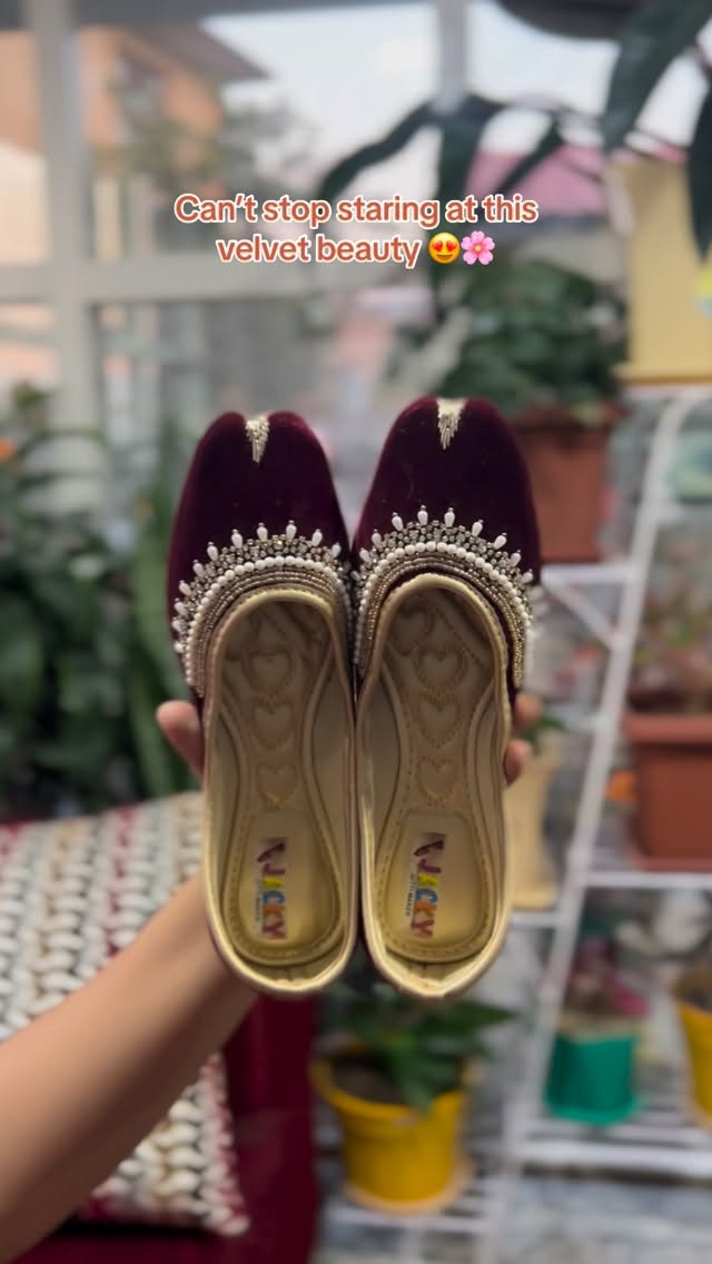 Premium Maroon Velvet Jutti with pearls and stones